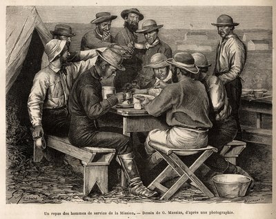 Una comida de los hombres de servicio de la misión de 1872, en el campamento, antes del primer reconocimiento de campo, grabado según el dibujo de G. Massias, ilustrando un conjunto de misiones geográficas a través del Parque Nacional de los Estados Unidos de French School