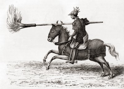 Un caballero medieval portando una lanza de fuego, o lanza de fuego, una de las primeras armas de pólvora en el mundo, de Les Merveilles de la Science, publicado c.1870 (grabado) de French School