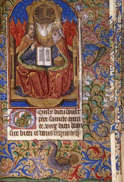 Una miniatura de un Libro de Horas, en latín y francés, que representa la Trinidad entronizada con ángeles, c.1485 de French School