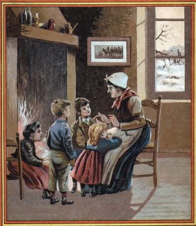 Una madre cuenta historias a sus hijos junto al fuego. Portada del libro “Les contes du foyer pour les petits”. Grabado anónimo del siglo XIX. de French School
