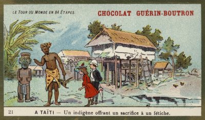 Un nativo ofreciendo un sacrificio a un ídolo, Tahití de French School