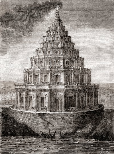 Representación imaginaria del Faro de Alejandría (grabado del siglo XIX) de French School
