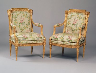 Un par de sillones de un conjunto de muebles Luis XVI, estampados por Delaisement, c.1780 de French School