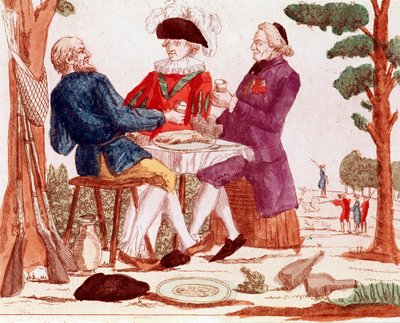 Un campesino (tiers etat), un clérigo y un aristócrata comen juntos un conejo en una mesa; en el fondo a la derecha, una escena de caza; a la izquierda, tres armas, agosto de 1789 (grabado, finales del siglo XVIII). de French School