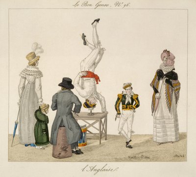 Un artista de pie sobre su cabeza equilibrándose en un vaso, lámina 96 de Le Bon Genre, c.1810 de French School