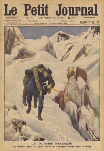 Un cartero salvando a un viajero perdido en la nieve en los Alpes de French School