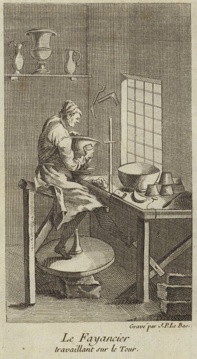 Un alfarero trabajando en el torno de French School