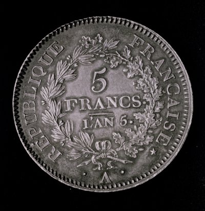 Una libra de veinte sueldos, equivalente al primer franco de la Primera República (anverso) de French School