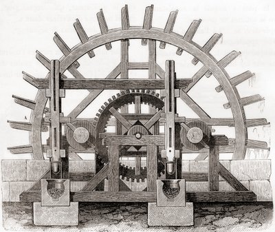 Un molino de pólvora y su rueda hidráulica, según un dibujo del siglo XIX, de Les Merveilles de la Science, publicado c.1870 de French School