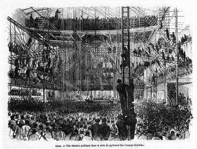 Una reunión pública en el gimnasio de los Campos Elíseos en París - en “La Presse illustrée” n°104, 30/10/1869, col. Selva. de French School