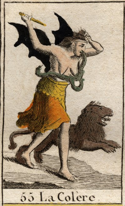 Representación de la Ira vestida con harapos, sostiene un cuchillo y se arranca el cabello. De “Mitología de la juventud” por Pierre Blanchard 1803. de French School