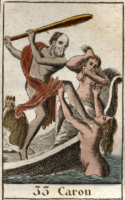 Representación de Caronte, el barquero del inframundo, que permite a los difuntos cruzar el río Aqueronte (o Estigia). De “Mitología de la Juventud” por Pierre Blanchard 1803. de French School