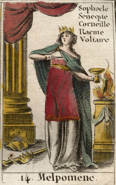 Representación de Melpómene, musa de la Tragedia, con una corona, un cetro y un puñal, así como una copa de veneno. De “Mitología de la Juventud” por Pierre Blanchard 1803 de French School