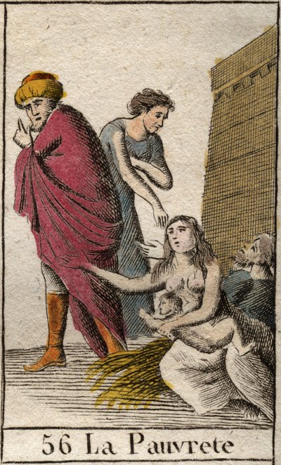 Representación de la Pobreza, descalza y vestida con harapos, sentada sobre paja. De “Mitología de la Juventud” por Pierre Blanchard 1803. de French School