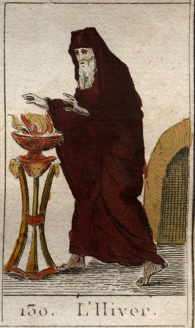 Representación de la estación de invierno como un anciano calentándose junto al fuego. De "Mitología de la Juventud" de Pierre Blanchard 1803. de French School