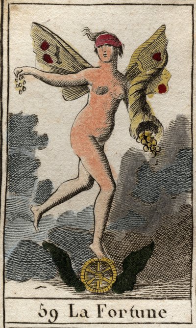Representación de la diosa de la suerte Fortuna, decide el bien y el mal de los seres humanos, sostiene un cuerno de la abundancia y se para sobre una rueda. De 