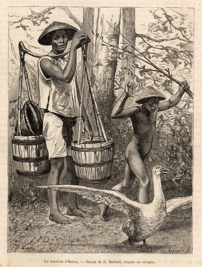 Un residente de Hatien (Vietnam) llevando cubos y una cesta y un niño cazando un ganso con un palo, grabado según un dibujo de Robin ilustrando el viaje a Cochinchina, por el Doctor Morice, en 1872, publicado en 