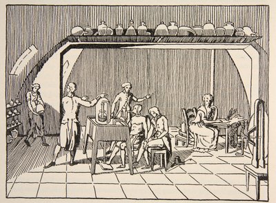 Un experimento de respiración en el laboratorio de Lavoisier, copia de Boris Mestchersky (d.1957) ilustración de Histoire de la Nation Francaise, Sciences, Volúmenes I y II, por Gabriel Hanotaux (1853-1944) de French School
