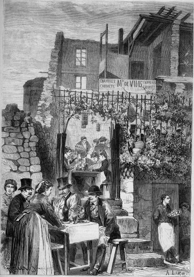 Un restaurante en las ruinas del castillo de Saint Cloud durante el carnaval de French School