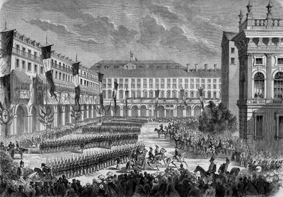 Revisión de las tropas pasada por el rey italiano Víctor Manuel II en Turín el 7 de junio. de French School