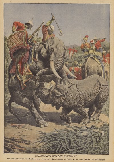 Un rinoceronte atacando a un elefante en India de French School
