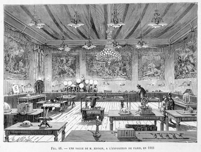 Una habitación por el Sr. Edison en la exposición de París en 1881 - en "Las nuevas conquistas de la ciencia" por Louis Figuier de French School