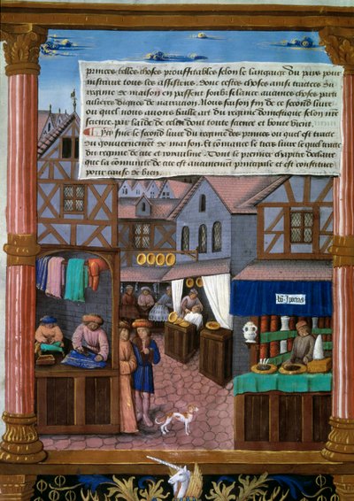 Una calle de París con tiendas al comienzo del siglo XVI. Página de manuscrito tomada de 