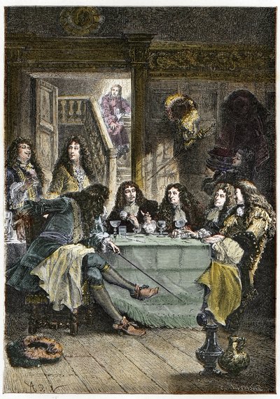 Un salón (Cabaret) reuniendo a los escritores franceses Jean de La Fontaine (1621-1695), Nicolas Boileau-Despréaux (1636-1711), el dramaturgo Jean Baptiste Poquelin, llamado Molière (1622-1673), y el poeta Jean Racine (1639-1699) de French School
