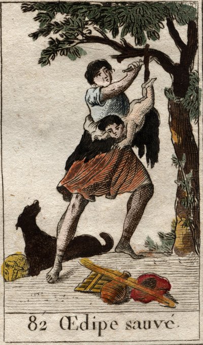 Un pastor salva a Edipo cuando era niño, abandonado por sus padres debido a la presión del oráculo de la Pitia. De “Mitología de la Juventud” por Pierre Blanchard 1803. de French School