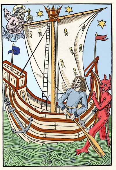 Un barco entre los peligros del mar. Un demonio se apodera de la proa mientras Dios se manifiesta a la izquierda. Grabado del "Gran calendario y compostela de los pastores", Troyes 1491 de French School