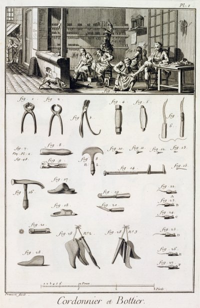 Zapatero y sus herramientas, de la Encyclopedie des Sciences et Metiers de Denis Diderot (1713-84) publicada c.1770 de French School