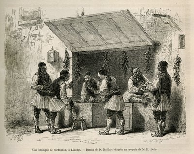 Una zapatería y su clientela, en Livadie, dibujo de D. Maillard, para ilustrar la historia de Henri Belle: Voyage en Grèce de French School