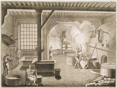 Taller de un tintorero de seda, de la Encyclopedie des Sciences et Metiers de Denis Diderot (1713-84) publicada c.1770 de French School