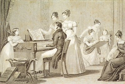 Una lección de canto para señoritas (grabado) de French School