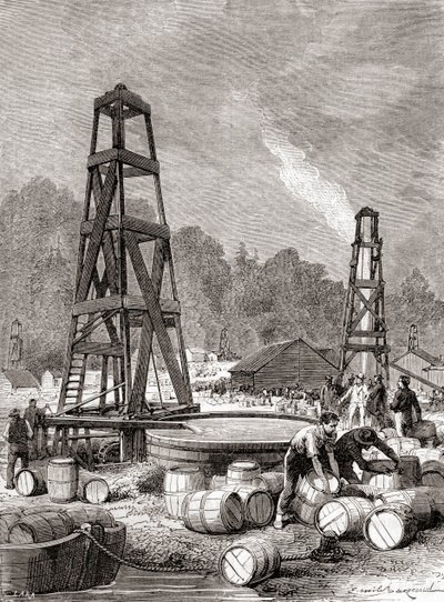 Una fuente de petróleo en Oil Creek en el río Allegheny, Pensilvania, EE.UU. en 1858, descubierta por Edwin Laurentine Drake, también conocido como Coronel Drake, de 
