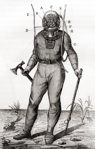 Un traje de buceo estándar patentado por Joseph-Martin Cabirol en 1855, de 