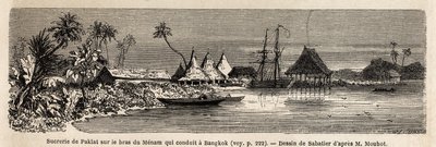 Una fábrica de azúcar de Paklat, en el brazo del Menam, el río principal de Tailandia, dibujo de Sabatier, para ilustrar el viaje de Henri Mouhot a los reinos de Siam, Camboya y Laos de 1858 a 1861. Grabado en “Le tour du monde”, editado por Edouard Charto de French School