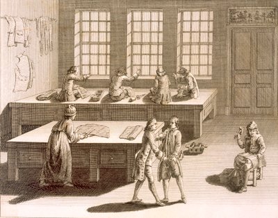 Taller de un sastre, de la Encyclopedie des Sciences et Metiers de Denis Diderot (1713-84) publicada c.1770 de French School
