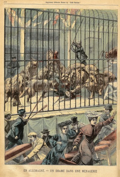 Una domadora es devorada por sus leones en una menagerie en Dessau, Alemania. Grabado en "Le Petite Parisien", el 27/12/1903. de French School
