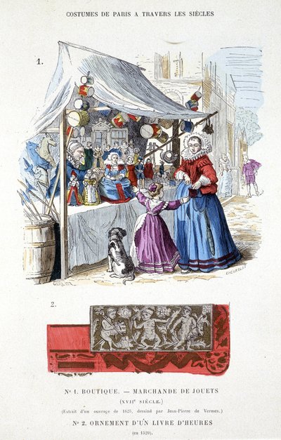 Un comerciante de juguetes en el siglo XVII - en “El traje de París a través de los siglos” de French School
