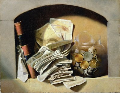 Un trampantojo de billetes, monedas y un frasco de vidrio roto en un nicho de French School