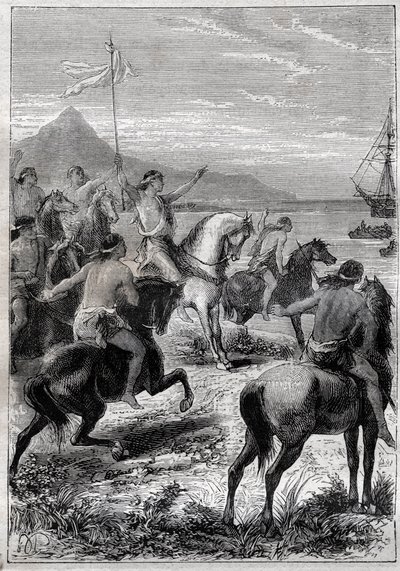 Una tropa de hombres a caballo con una bandera blanca: el vicealmirante John Byron recibido por los nativos del Cabo de los Vírgenes, en la boca oriental del Estrecho de Magallanes en 1764 - ilustración de “Los Grandes Marineros del siglo XVIII” de French School