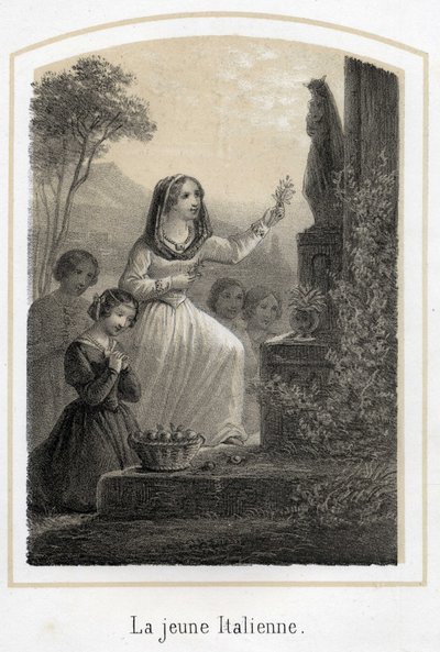 Una joven italiana muy piadosa rinde homenaje a la Virgen María dándole una rama de olivo. Grabado anónimo del siglo XIX. de French School