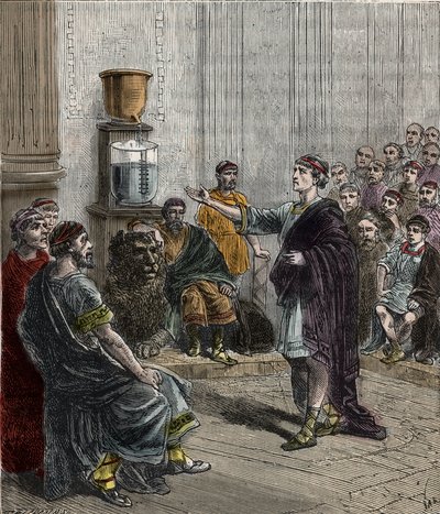 Un reloj de agua o clepsidra en Atenas - Antigua Grecia - Grabado en “Ciencias al alcance de todos - Física y química populares” por Alexis Clerc - Finales del siglo XIX - Colección privada de French School