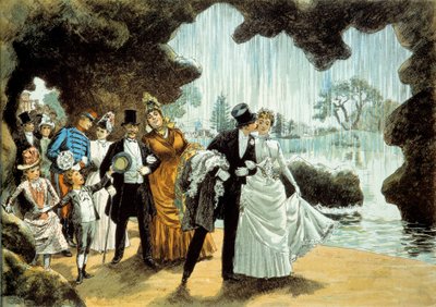 Una boda en una cascada. Pareja casada en el Parc des Buttes Chaumont (). Grabado de finales del siglo XIX Colección privada de French School