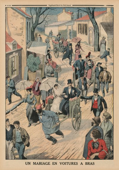 Una boda en carretillas, ilustración de la contraportada de Le Petit Journal, suplemento ilustrado, 5 de abril de 1914 de French School