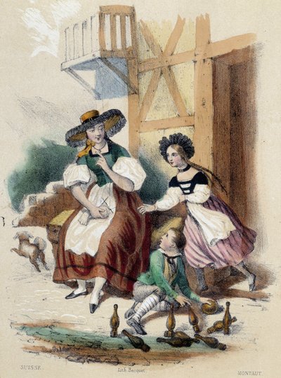 Una mujer y dos niños jugando a los bolos; ilustración para Suiza en “Las doce Naciones” de M.E Fouinet de French School