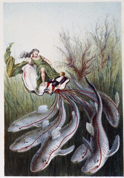 Una mujer y un niño en un tanque guiados por tiburones - en "Viaje al fondo del mar" de H. de la Blanchère. París, ed. Jouvet et Cie, sd. 1880. (doble 02946) de French School