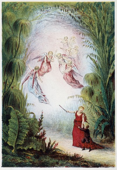 Una mujer y ángeles mostrando el camino a un niño - en “Viaje al fondo del mar” de H. de la Blanchère. París, ed. Jouvet et Cie, sd. 1880 de French School
