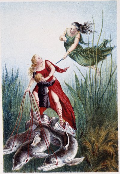 Una mujer atacando a otra mujer y un niño conducido por delfines - en "Viaje al fondo del mar" de H. de la Blanchère. París, ed. Jouvet et Cie, sd. 1880. (doble 02947 y 02952) de French School